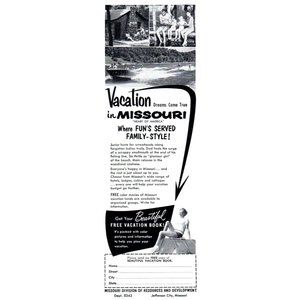 1953 Missouri Vacation Travel Vintage Print Ad Ozarks Water Skiing Cabin Art